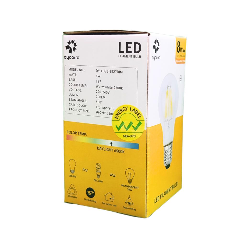 Dycorra LED Filament A60 Bulb (Dimmable) E27 8W Warm
