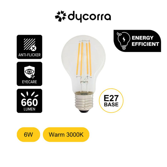Dycorra LED Filament Bulb A60 (Clear) E27 6W Warm