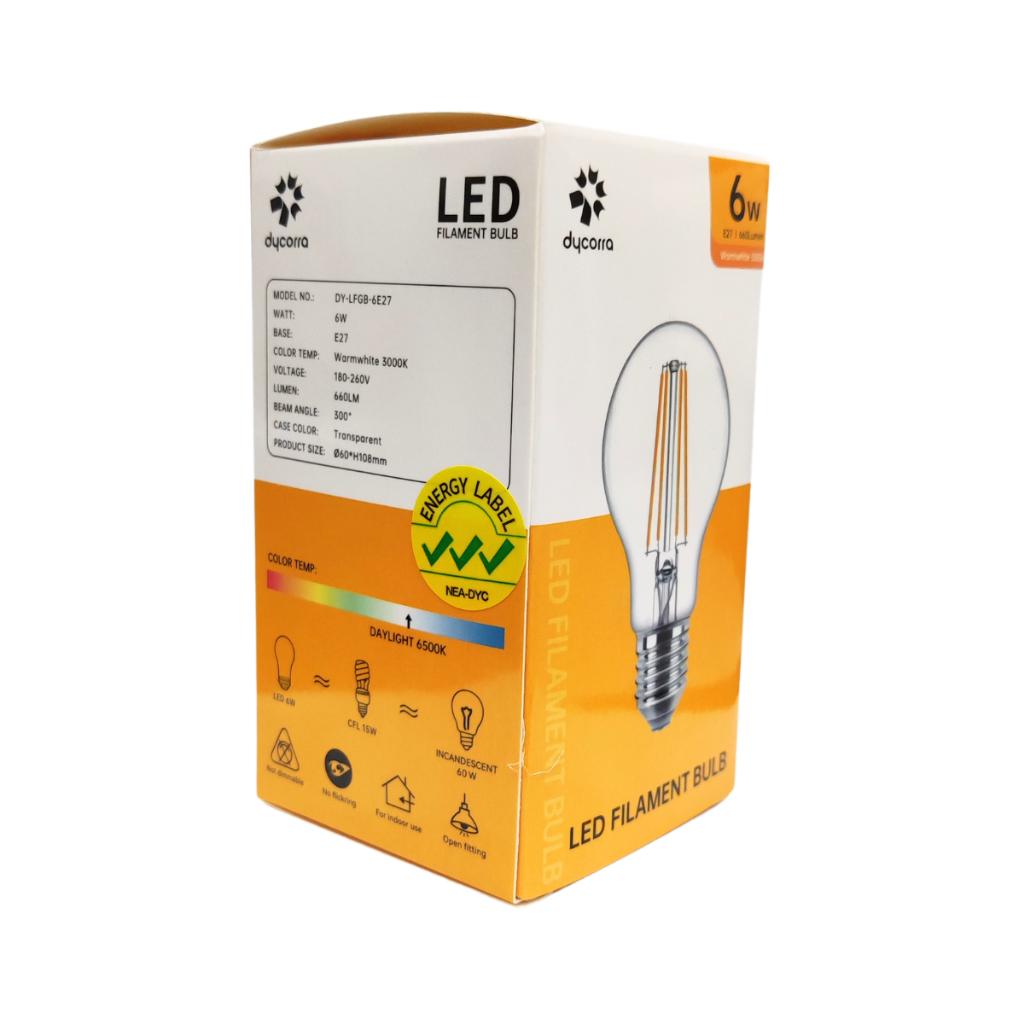 Dycorra LED Filament Bulb A60 (Clear) E27 6W Warm