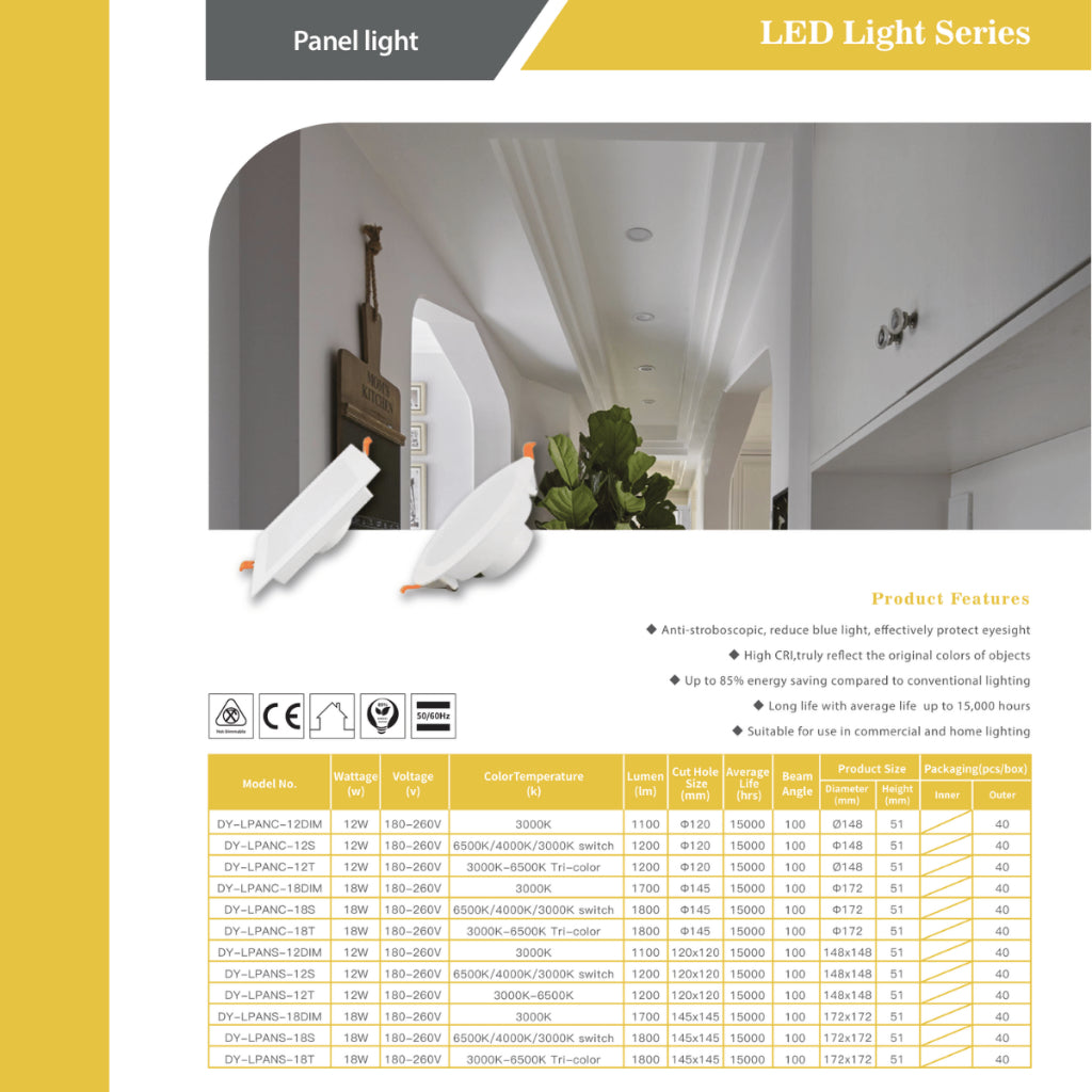 Dycorra LED Square Panel Light Downlight Day Warm Cool Selectable CCT